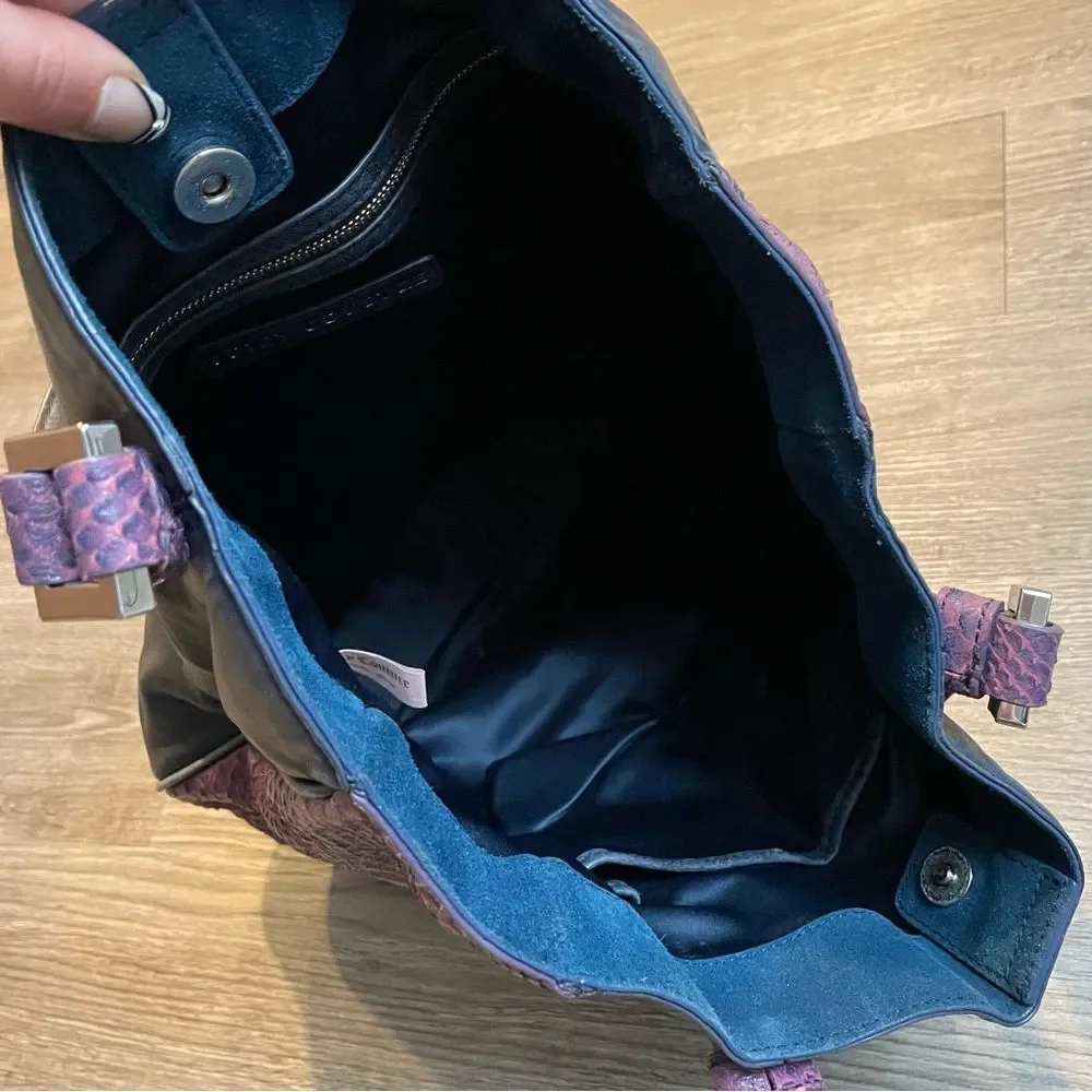 JUICY COUTURE Navy & Purple Lambskin Leather Snake Skin Tote Bag